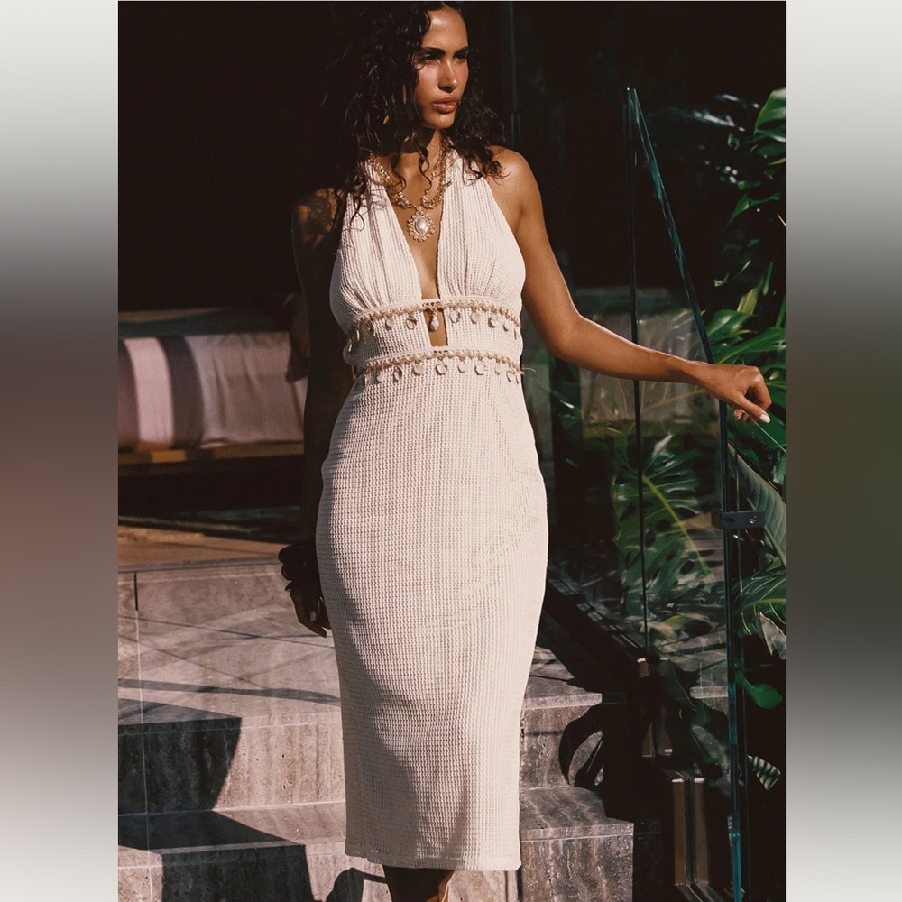 12th Tribe Cream Halter Midi Knit Dress